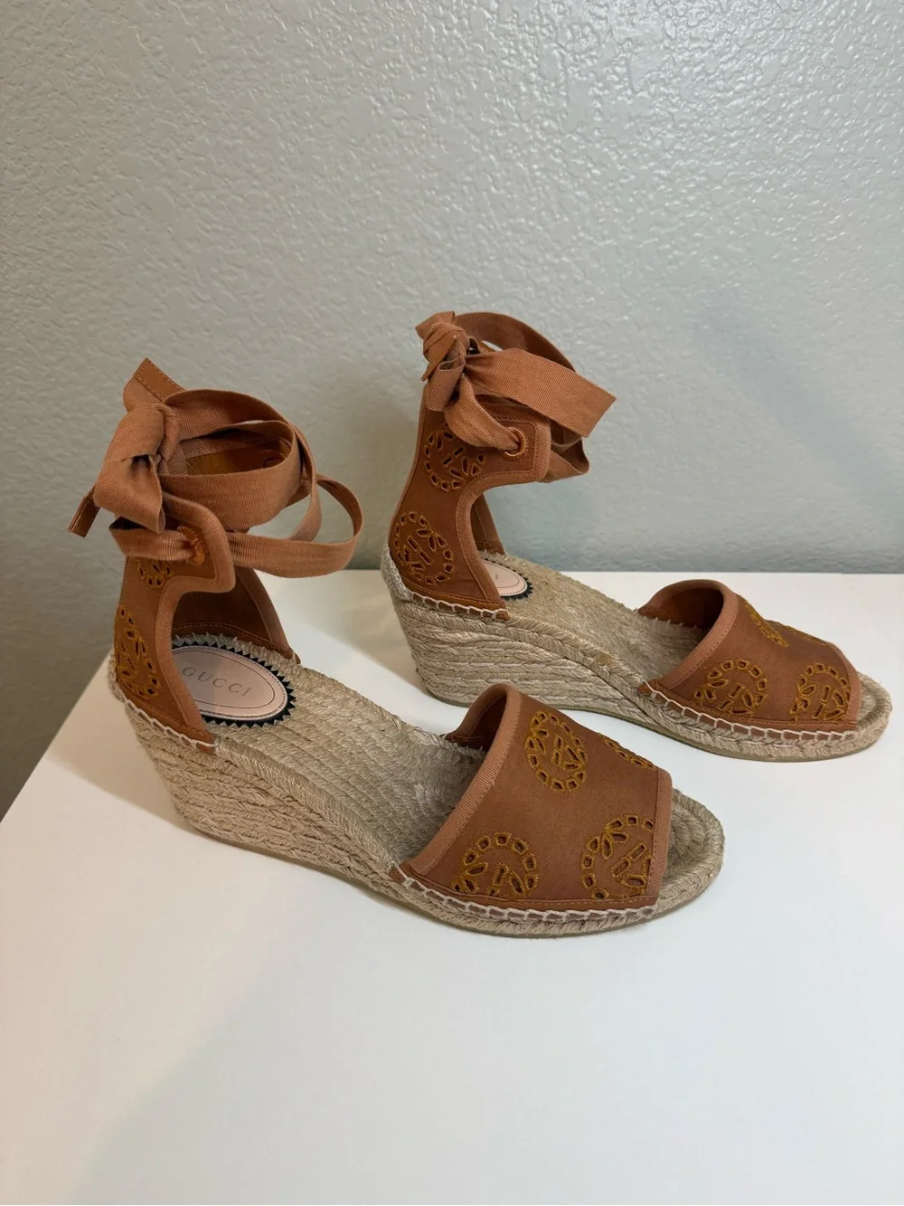 Gucci Brown Embroidered Espadrille Wedge Sandals with Ankle Wraps